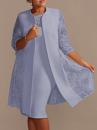 スレートグレー アイボリーマザードレスレースサテン生地ハーフスリーブオーバーコートジュエルネックノースリーブシースショートウェディングゲストドレス衣装