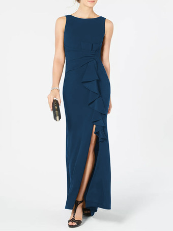 インクブルーブライダルマザードレス バトーネック ノースリーブ プリーツシース ウェディングゲストドレス 無料カスタマイズ