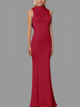 バーガンディーイブニングドレス マーメイド ハイカラー ストレッチクレープ マキシレングスボタン フォーマルパーティードレス