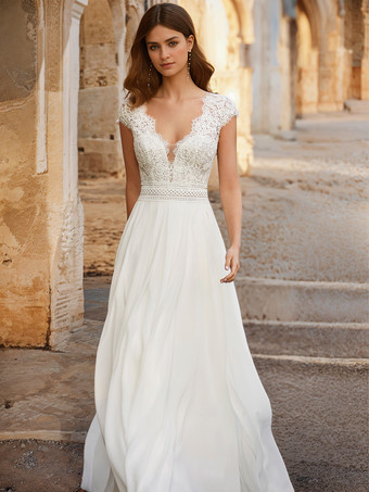 ボヘミアンウェディングドレス シフォン レース Aライン スイープ ナチュラルウエスト バックレス ノースリーブ Vネック アイボリー