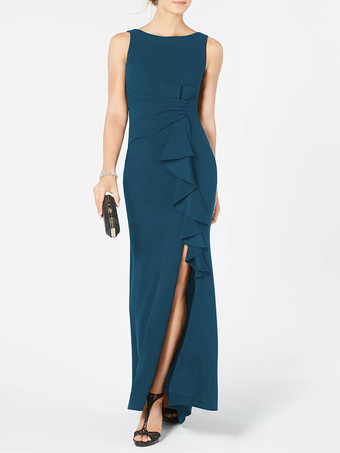 ロイヤルブルーブライダルマザードレス バトーネック ノースリーブ プリーツシース ウェディングゲストドレス 無料カスタマイズ