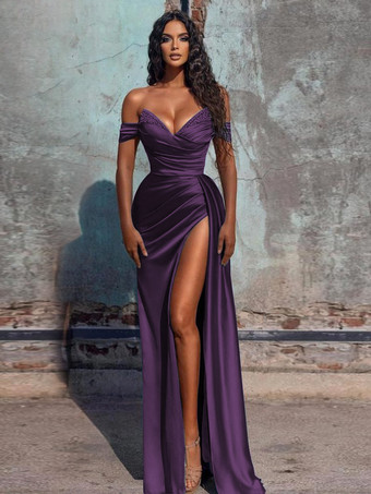 プラムイブニングドレス シース Vネック サテン生地 フロアレングス フォーマルディナードレス