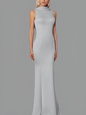 ライトグレー イブニングドレス マーメイド ハイカラー ストレッチクレープ マキシレングスボタン フォーマルパーティードレス