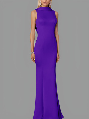 ロイヤパープルイブニングドレス マーメイド ハイカラー ストレッチクレープ マキシレングスボタン フォーマルパーティードレス