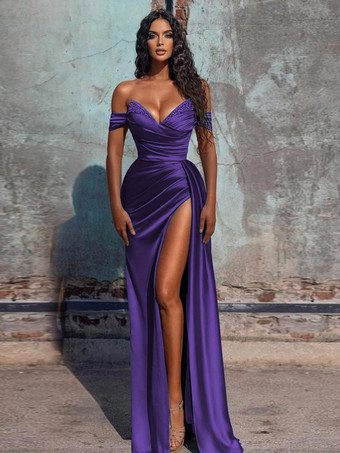 ロイヤパープルイブニングドレス シース Vネック サテン生地 フロアレングス フォーマルディナードレス