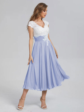 ライラック マザーオブザブライドドレスVネック半袖Aラインカットアウトゲストドレス結婚式用