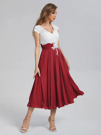 バーガンディーマザーオブザブライドドレスVネック半袖Aラインカットアウトゲストドレス結婚式用