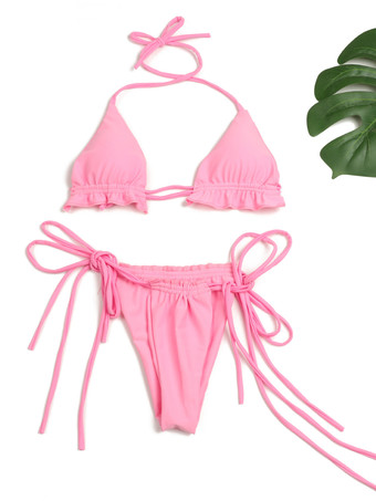 ホルター フリル トリム トライアングル ビキニ トップとサイド タイ ボトム 2 点セット