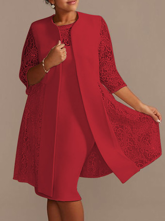 バーガンディーアイボリーマザードレスレースサテン生地ハーフスリーブオーバーコートジュエルネックノースリーブシースショートウェディングゲストドレス衣装