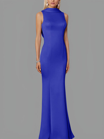 ダズリンブルーイブニングドレス マーメイド ハイカラー ストレッチクレープ マキシレングスボタン フォーマルパーティードレス