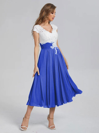 ダズリンブルーマザーオブザブライドドレスVネック半袖Aラインカットアウトゲストドレス結婚式用