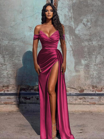 マゼンタイブニングドレス シース Vネック サテン生地 フロアレングス フォーマルディナードレス