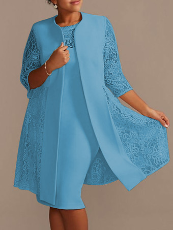 ティールアイボリーマザードレスレースサテン生地ハーフスリーブオーバーコートジュエルネックノースリーブシースショートウェディングゲストドレス衣装