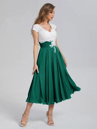 ダークグリーンマザーオブザブライドドレスVネック半袖Aラインカットアウトゲストドレス結婚式用