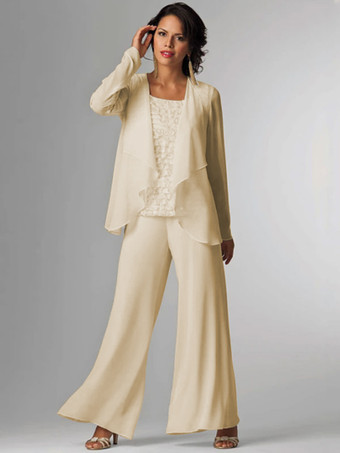 Champagne Tenue de mère de mariée Tenue de mariage d'invitée blanche en chiffon 3 pièces