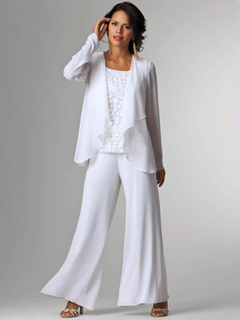 Blanc Tenue de mère de mariée Tenue de mariage d'invitée blanche en chiffon 3 pièces