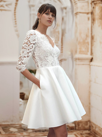 ショートウェディングドレス、ショートVネック、ハーフスリーブ、ショートナチュラルウエスト、レースブライダルドレス