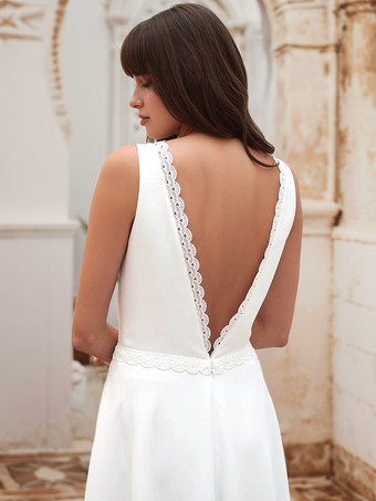 ショートウェディングドレス 膝丈 Vネック ノースリーブ ショートナチュラルウエスト サテン生地 ショートブライダルドレス