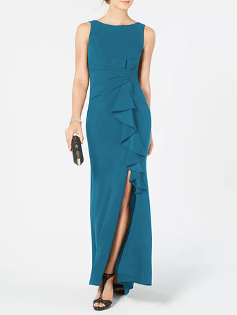 ティールブライダルマザードレス バトーネック ノースリーブ プリーツシース ウェディングゲストドレス 無料カスタマイズ