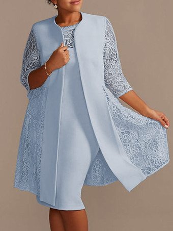 ベビーブルーアイボリーマザードレスレースサテン生地ハーフスリーブオーバーコートジュエルネックノースリーブシースショートウェディングゲストドレス衣装