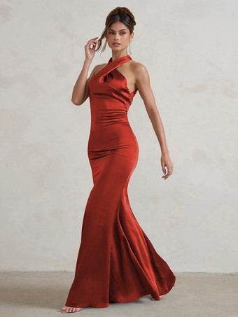 ブリックレッドブライドメイドドレス マーメイド マキシレングス ジッパー サテン生地 ウェディングパーティードレス