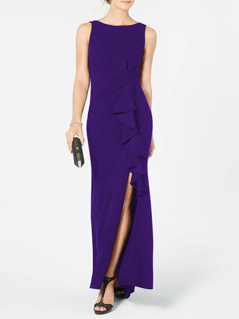 ロイヤパープルブライダルマザードレス バトーネック ノースリーブ プリーツシース ウェディングゲストドレス 無料カスタマイズ