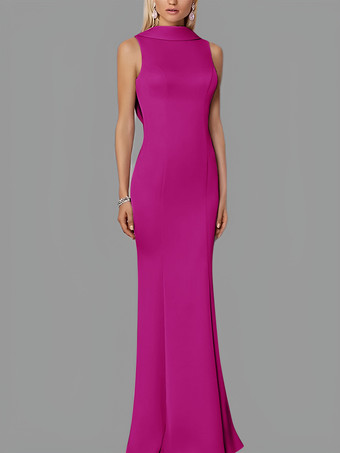 マゼンタイブニングドレス マーメイド ハイカラー ストレッチクレープ マキシレングスボタン フォーマルパーティードレス