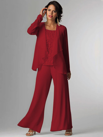 Bordeaux Tenue de mère de mariée Tenue de mariage d'invitée blanche en chiffon 3 pièces