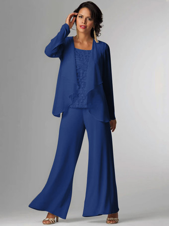 Royal BleuTenue de mère de mariée Tenue de mariage d'invitée blanche en chiffon 3 pièces