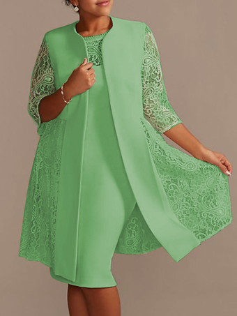 セージグリーンアイボリーマザードレスレースサテン生地ハーフスリーブオーバーコートジュエルネックノースリーブシースショートウェディングゲストドレス衣装