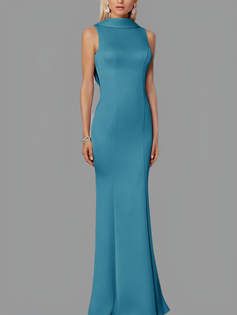 ティールイブニングドレス マーメイド ハイカラー ストレッチクレープ マキシレングスボタン フォーマルパーティードレス