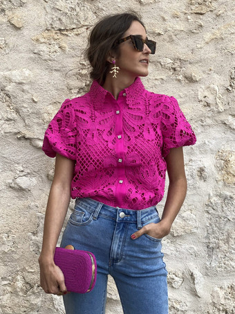 ローズレッドパフスリーブ ブラウス ボタンアップ エレガント デイリー カジュアル レディース トップス