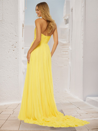 プロムドレス Aライン 恋人ネック コートトレーン ノースリーブ ジッパー プリーツ 社交パーティードレス