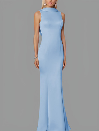 ベビーブルーイブニングドレス マーメイド ハイカラー ストレッチクレープ マキシレングスボタン フォーマルパーティードレス
