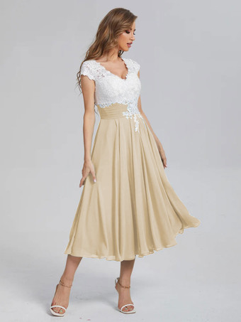 シャンパンマザーオブザブライドドレスVネック半袖Aラインカットアウトゲストドレス結婚式用