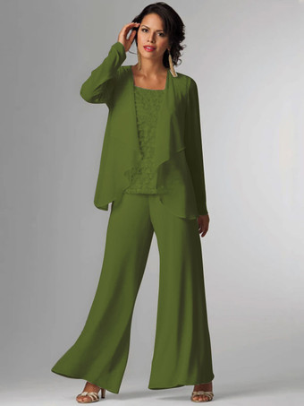 Vert Olive Tenue de mère de mariée Tenue de mariage d'invitée blanche en chiffon 3 pièces