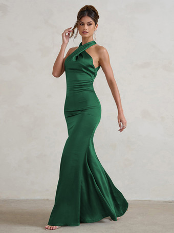ダークグリーンブライドメイドドレス マーメイド マキシレングス ジッパー サテン生地 ウェディングパーティードレス