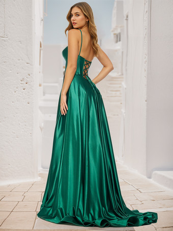 プロムドレス Aライン Vネック サテン生地 スイープ スプリットフロント 社交パーティードレス