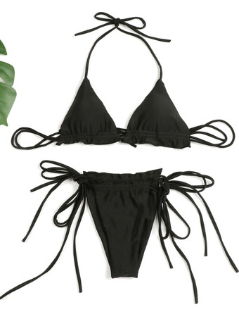 ホルター フリル トリム トライアングル ビキニ トップとサイド タイ ボトム 2 点セット