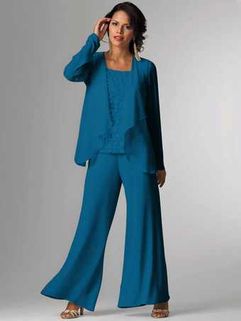 Encre BleuTenue de mère de mariée Tenue de mariage d'invitée blanche en chiffon 3 pièces