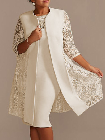 バニラクリームアイボリーマザードレスレースサテン生地ハーフスリーブオーバーコートジュエルネックノースリーブシースショートウェディングゲストドレス衣装