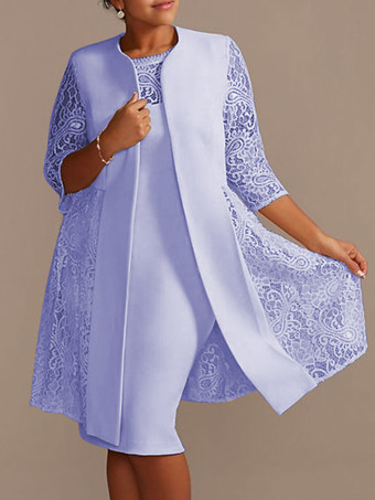 アイボリーマザードレスレースサテン生地ハーフスリーブオーバーコートジュエルネックノースリーブシースショートウェディングゲストドレス衣装