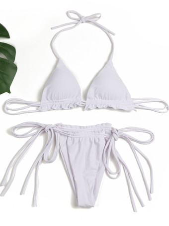 ホルター フリル トリム トライアングル ビキニ トップとサイド タイ ボトム 2 点セット