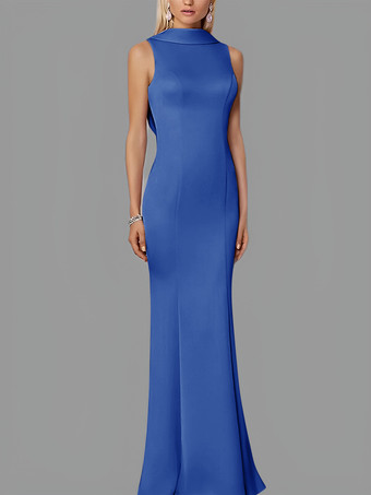 ロイヤルブルーイブニングドレス マーメイド ハイカラー ストレッチクレープ マキシレングスボタン フォーマルパーティードレス