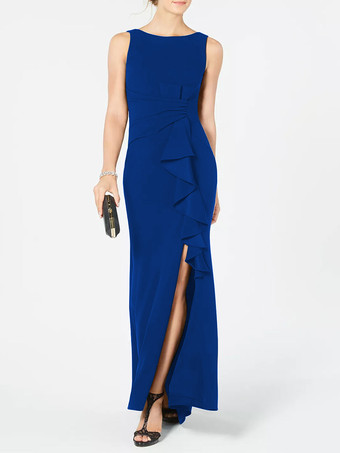 ダズリンブルーブライダルマザードレス バトーネック ノースリーブ プリーツシース ウェディングゲストドレス 無料カスタマイズ