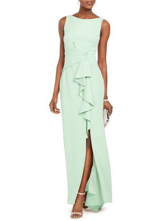 パステルグリーンブライダルマザードレス バトーネック ノースリーブ プリーツシース ウェディングゲストドレス 無料カスタマイズ