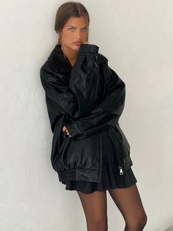 コーヒーブラウンジャケット PUレザーポケット ジッパー カジュアルジャケット