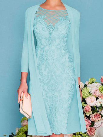 パステルブルーブライダルマザードレス 2点セット ジュエルネック 3/4丈スリーブ シース レース ビーズ ウェディングゲストドレス 無料カスタマイズ