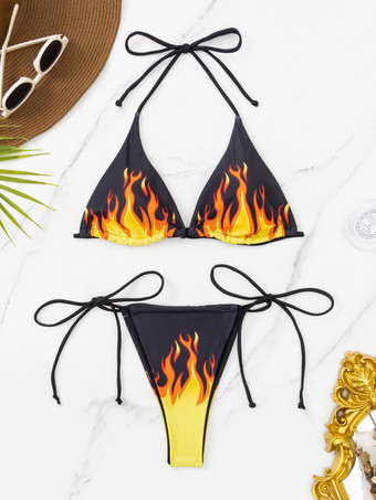 ファイヤープリントホルタービキニトップとサイドタイボトム2点セット