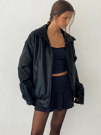 コーヒーブラウンジャケット PUレザーポケット ジッパー カジュアルジャケット